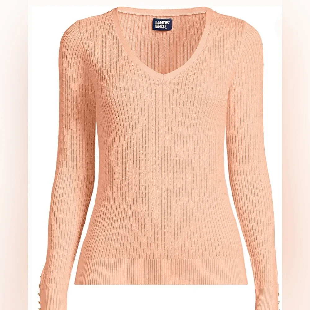 Lands End Cable Knit Sweater Womens Size 3X Long Sleeve V Neck cotton peach - Picture 1 of 9